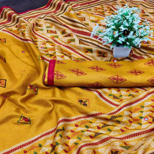 Arresting Mustard Coloured Casual Wear Printed Cotton Jute Saree - Peachmode