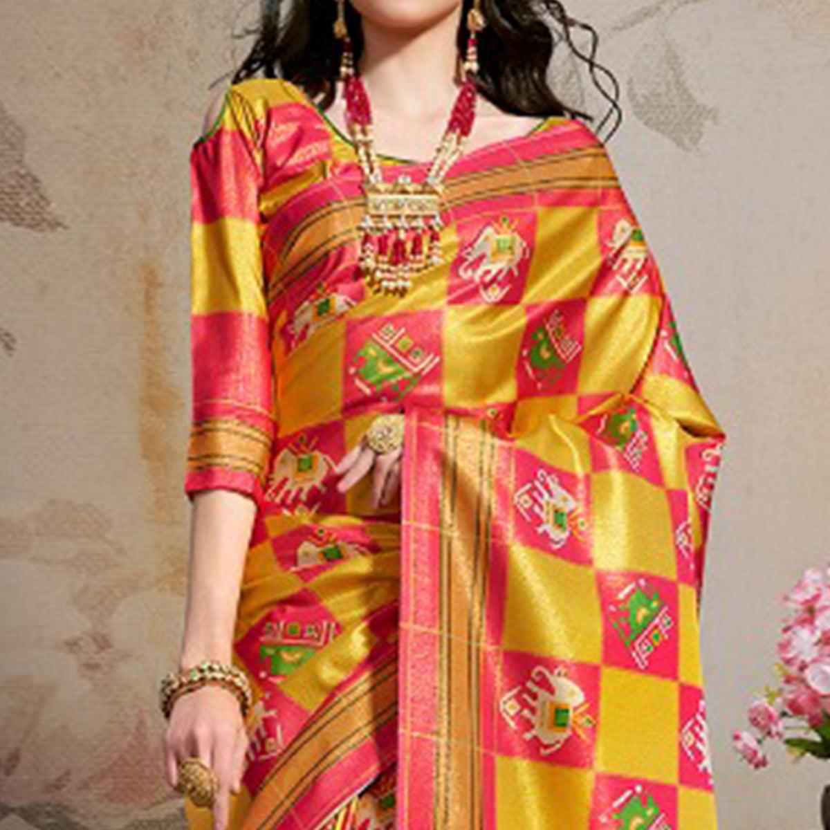 Arresting Musturd & Pink Colored Festive Wear Printed Silk Blend Saree With Tassels - Peachmode