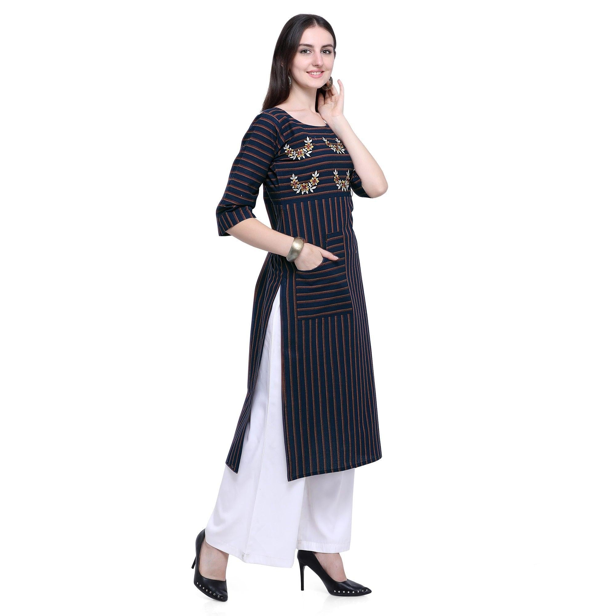Arresting Navy Blue Colored Casual Wear Embroidered Cotton Kurti-Palazzo Set - Peachmode