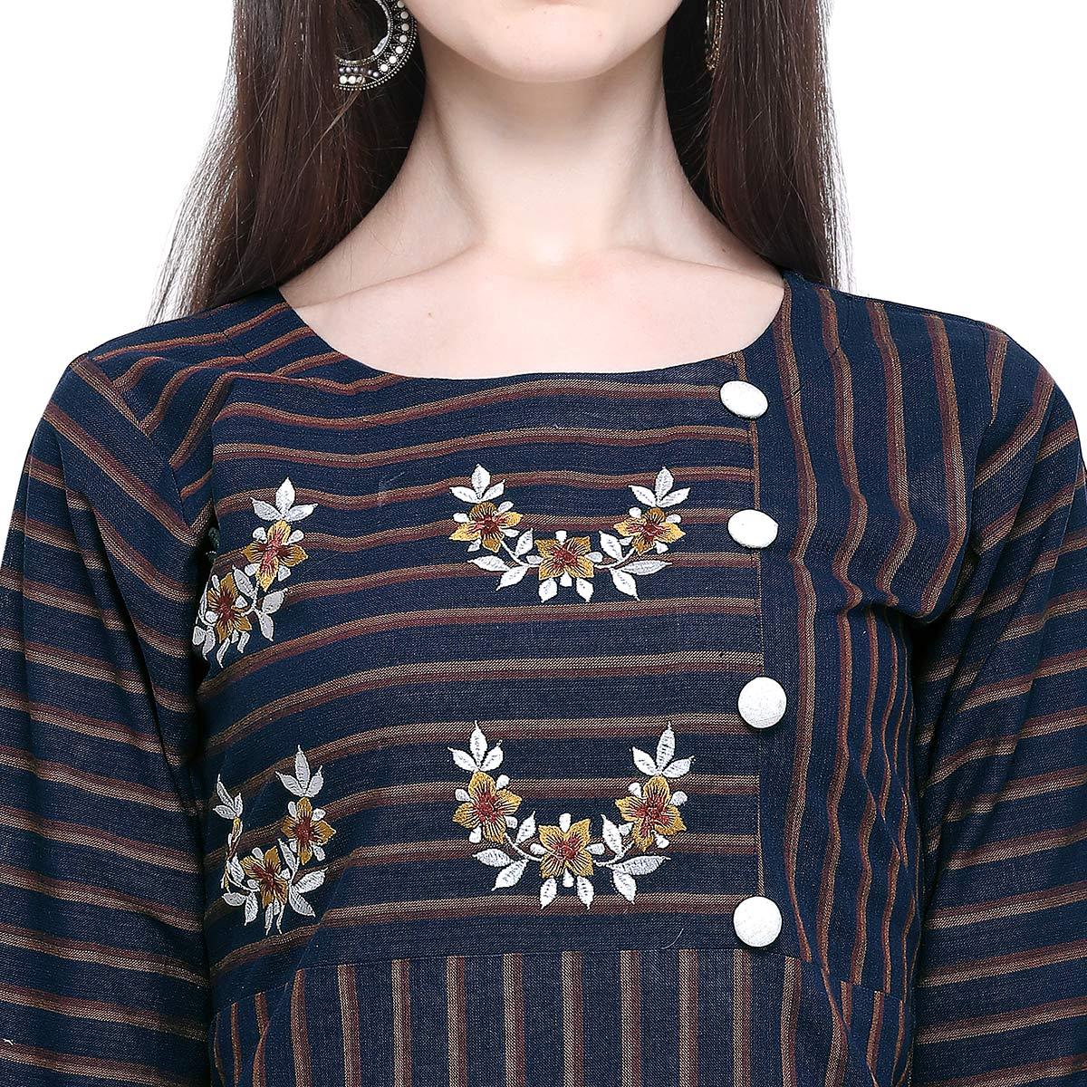 Arresting Navy Blue Colored Casual Wear Embroidered Cotton Kurti-Palazzo Set - Peachmode