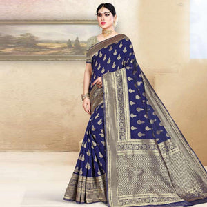 Arresting Navy Blue Colored Festive Wear Woven Art Silk Saree - Peachmode