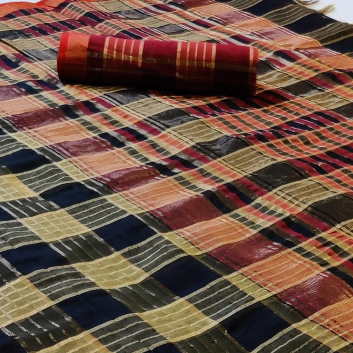 Arresting Navy Blue Colored Festive Wear Woven Linen Saree - Peachmode