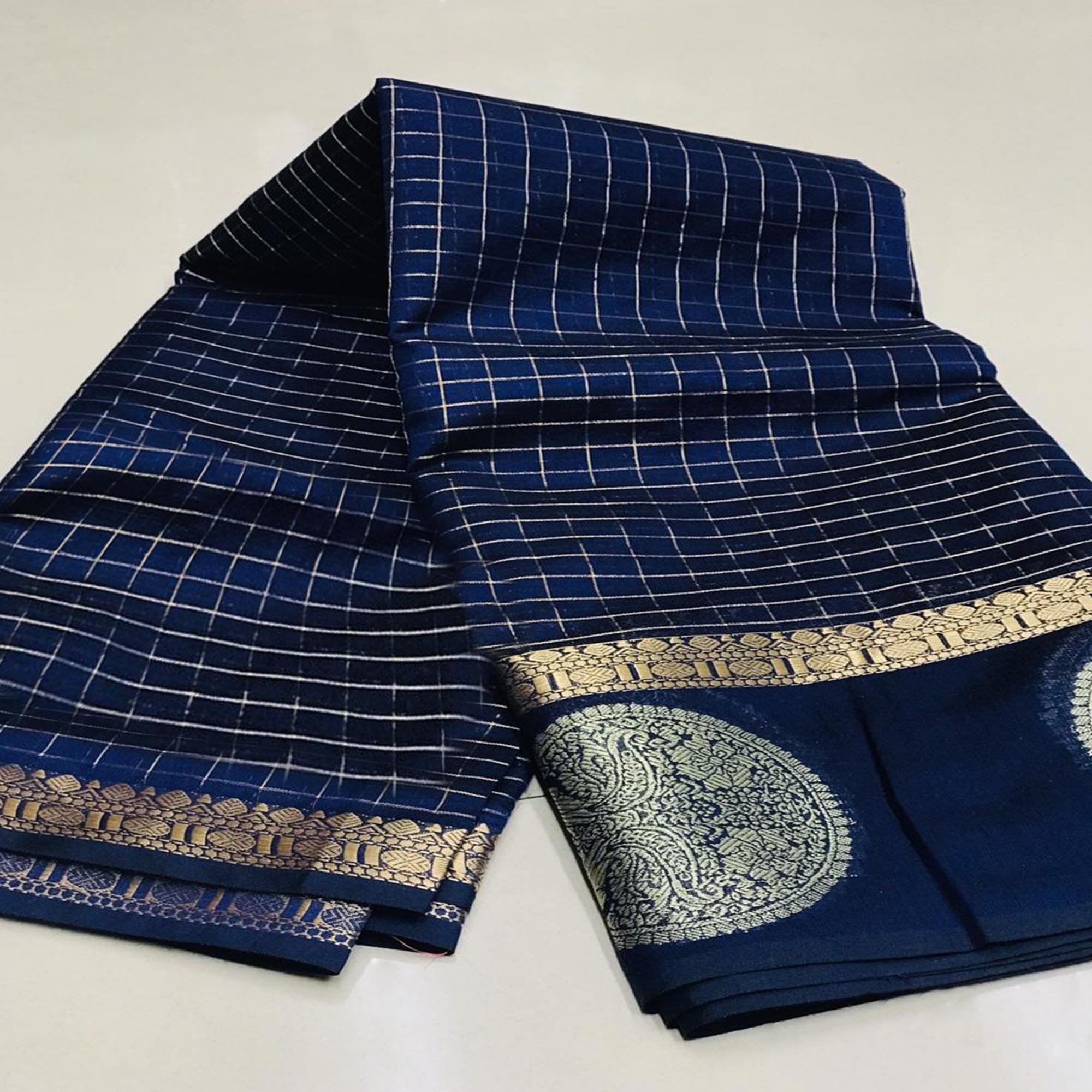 Arresting Navy Blue Colored Festive Wear Woven Silk Saree - Peachmode