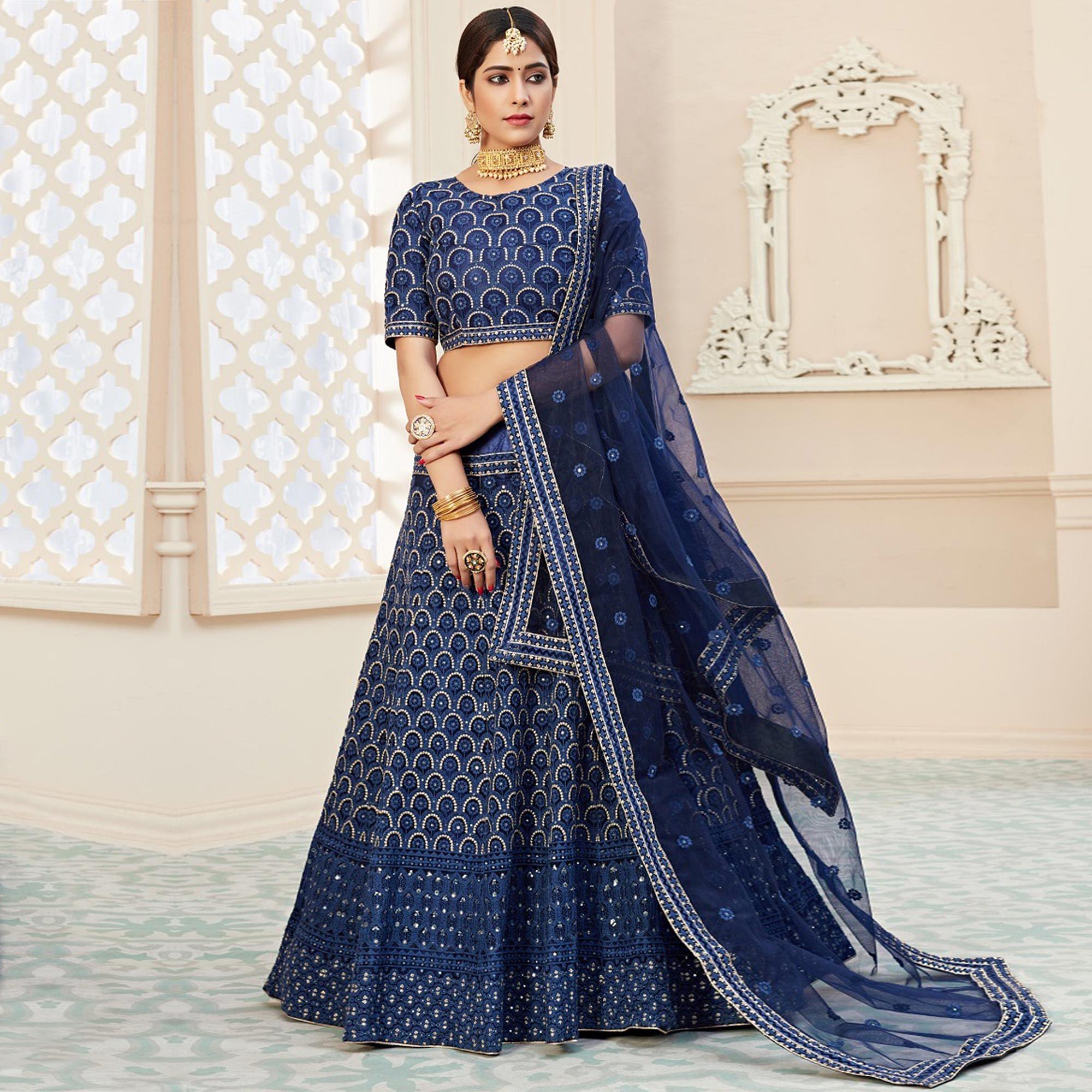 Arresting Navy Blue Coloured Thread Embroidery Heavy Net Lehenga Choli - Peachmode