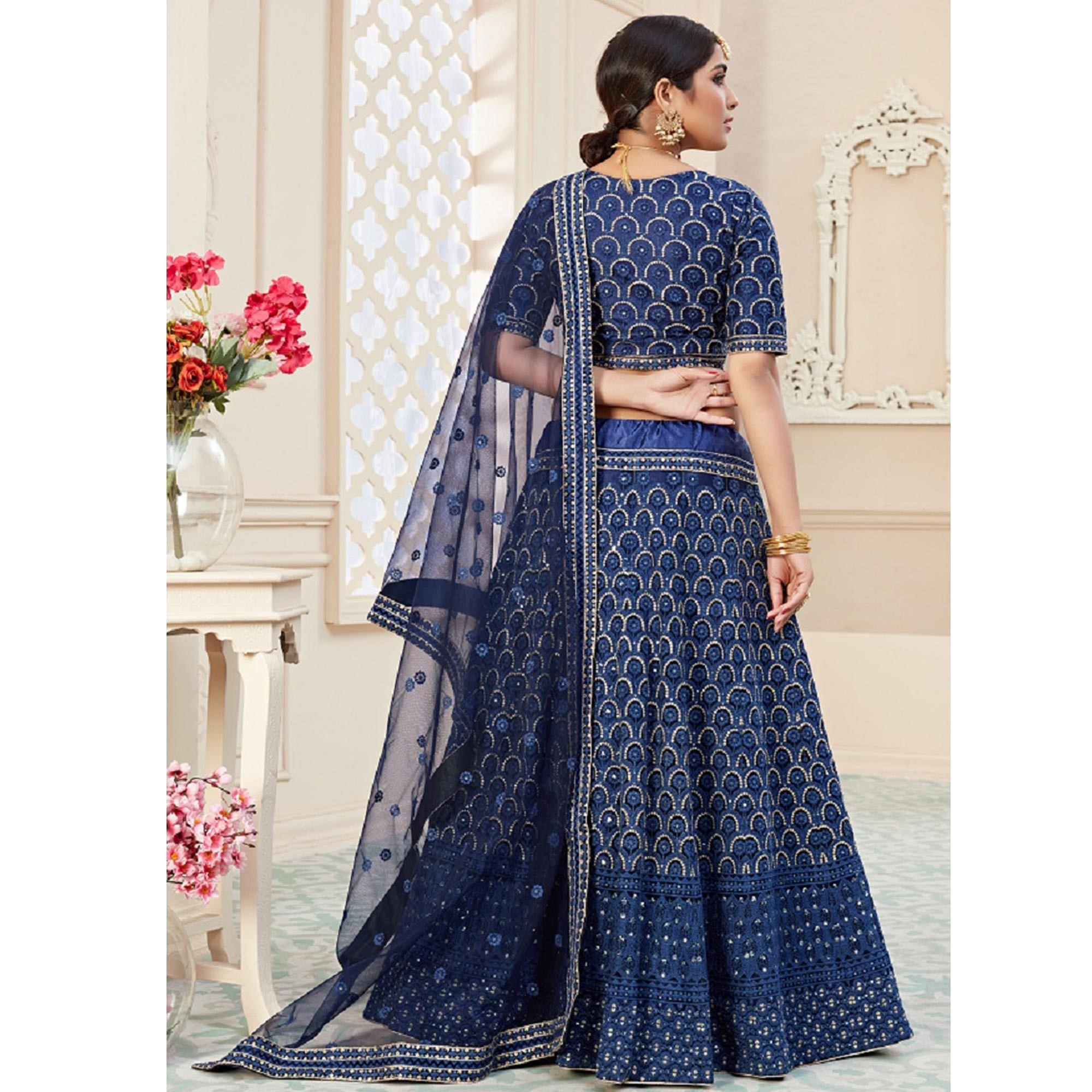 Arresting Navy Blue Coloured Thread Embroidery Heavy Net Lehenga Choli - Peachmode