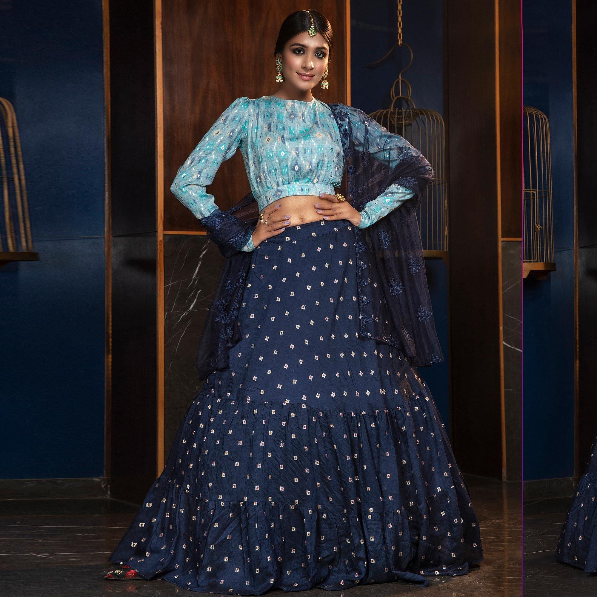 Arresting Navy Blue - Sky Blue Colored Partywear Woven Cotton Lehenga Choli - Peachmode