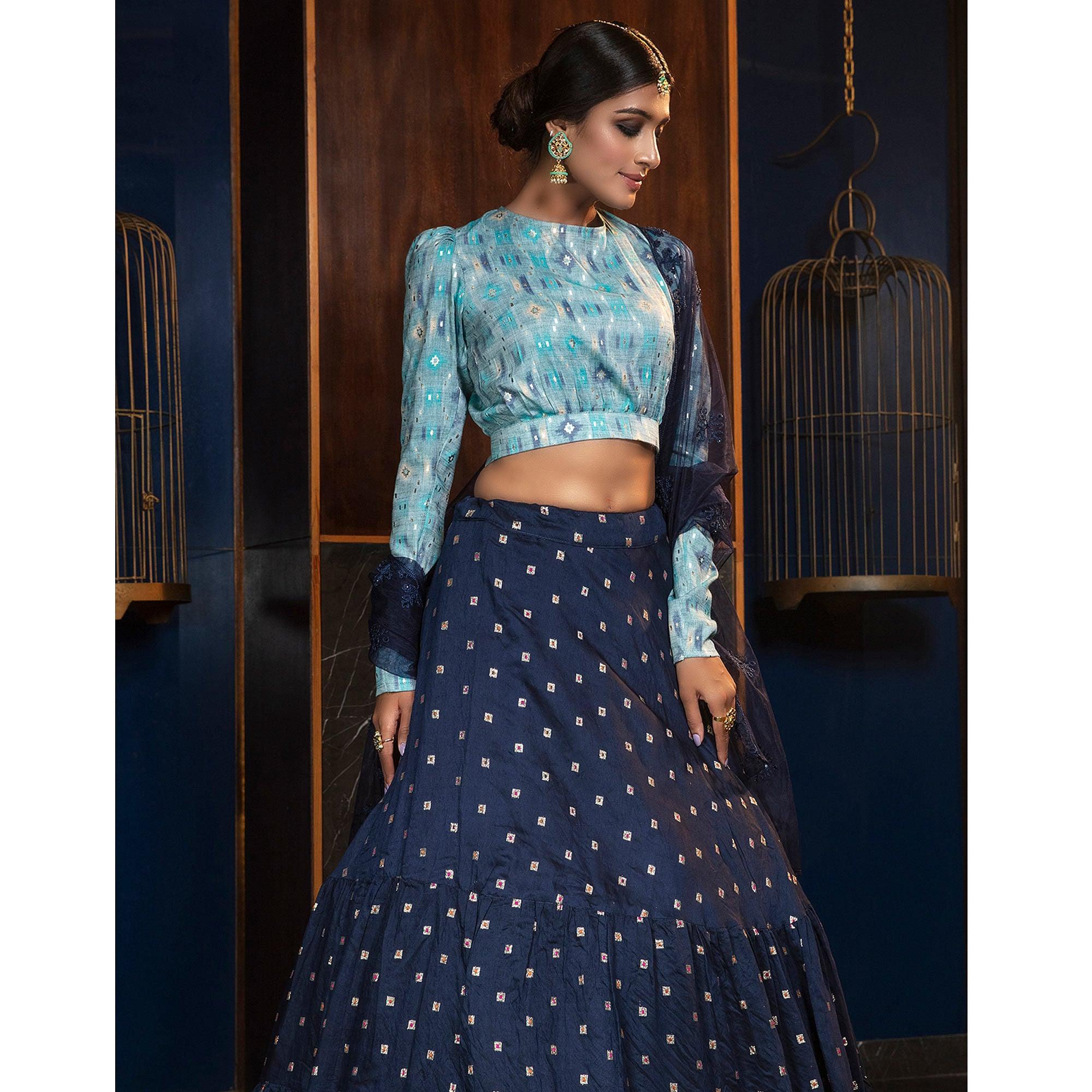 Arresting Navy Blue - Sky Blue Colored Partywear Woven Cotton Lehenga Choli - Peachmode