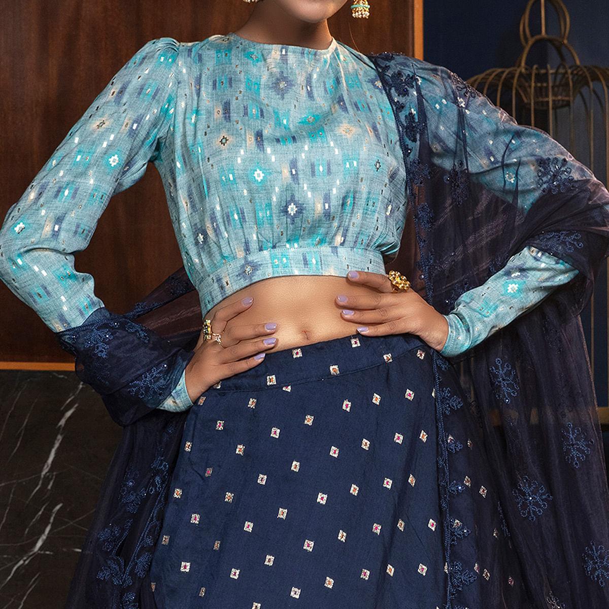 Arresting Navy Blue - Sky Blue Colored Partywear Woven Cotton Lehenga Choli - Peachmode