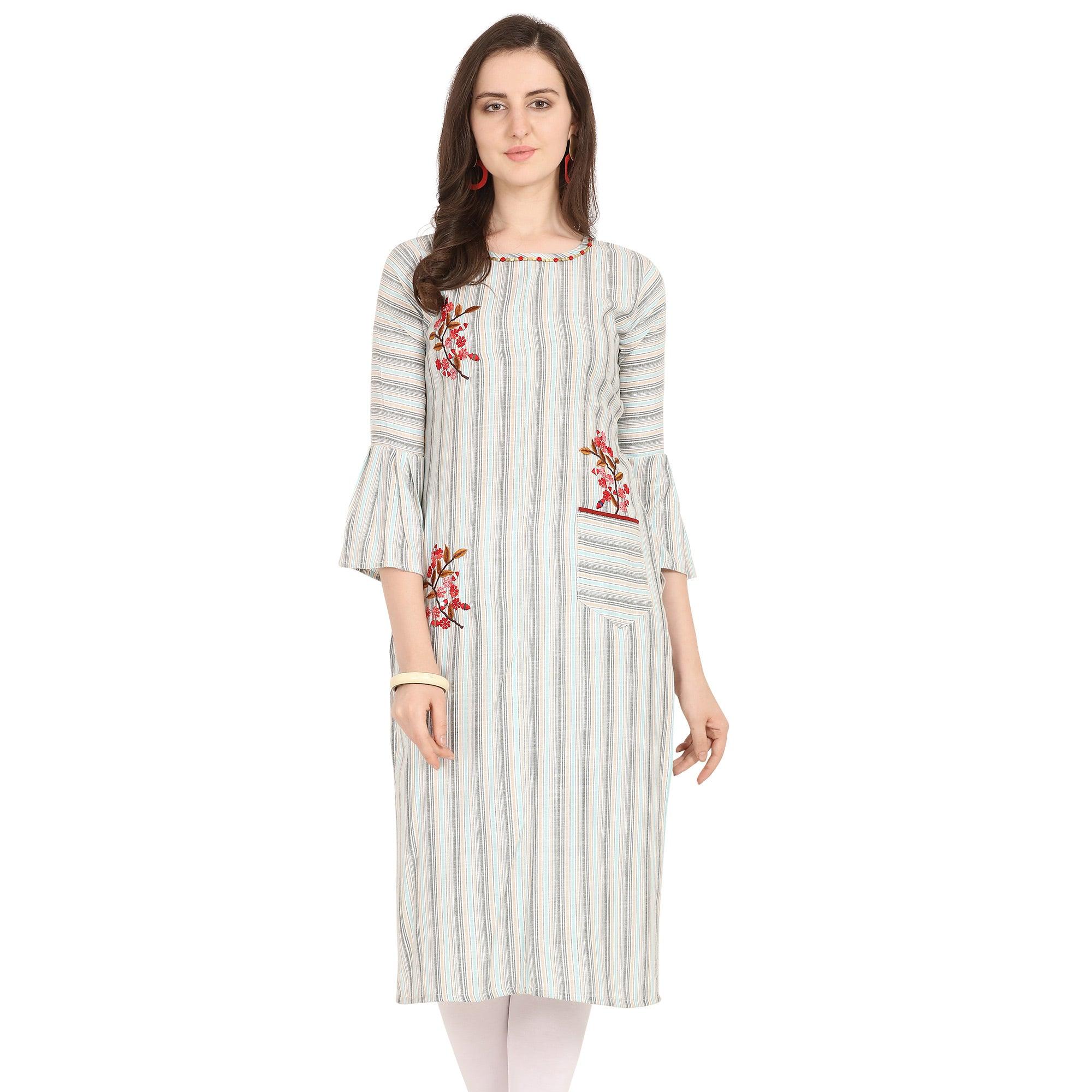 Arresting Off White-Blue Colored Party Wear Embroidered Work Rayon Kurti - Peachmode