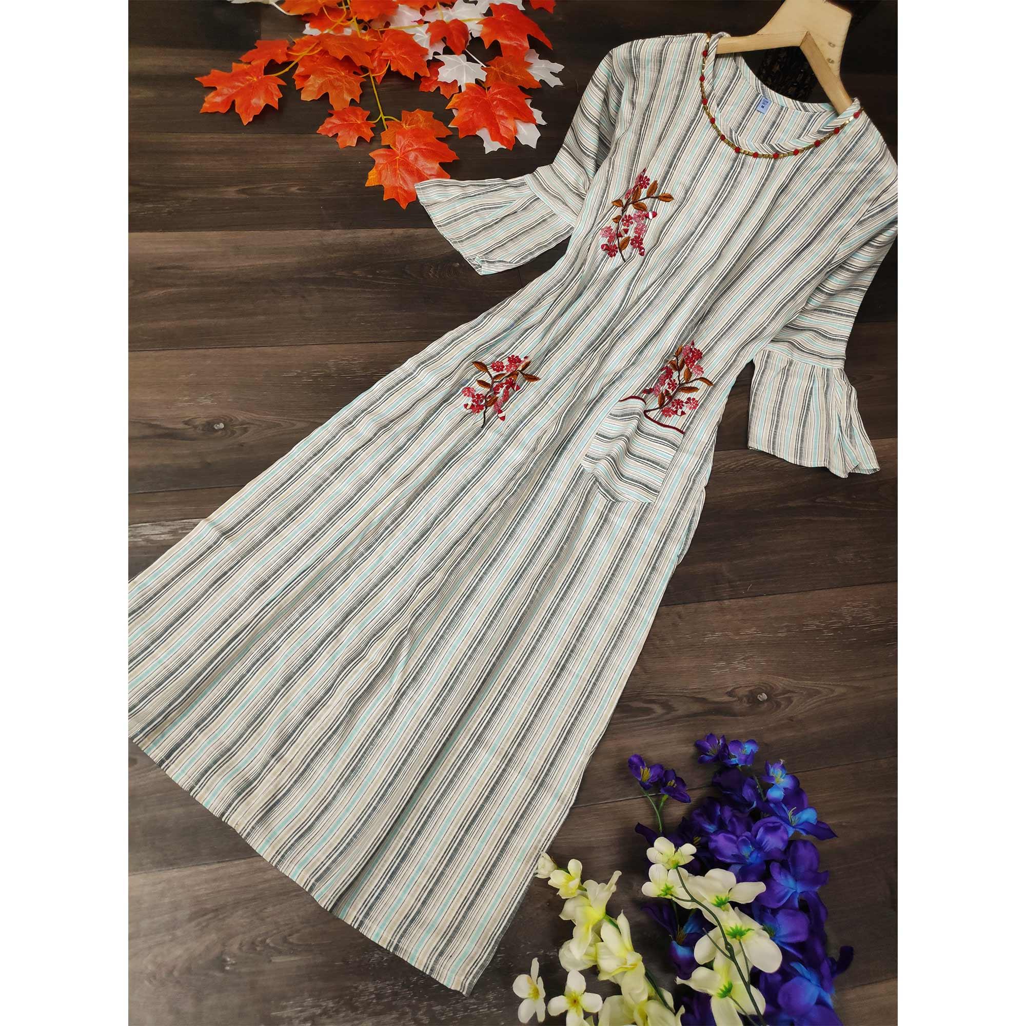 Arresting Off White-Blue Colored Party Wear Embroidered Work Rayon Kurti - Peachmode
