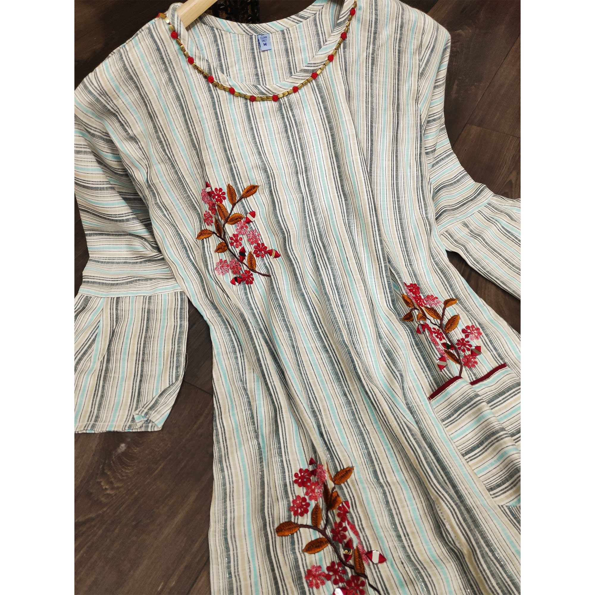Arresting Off White-Blue Colored Party Wear Embroidered Work Rayon Kurti - Peachmode