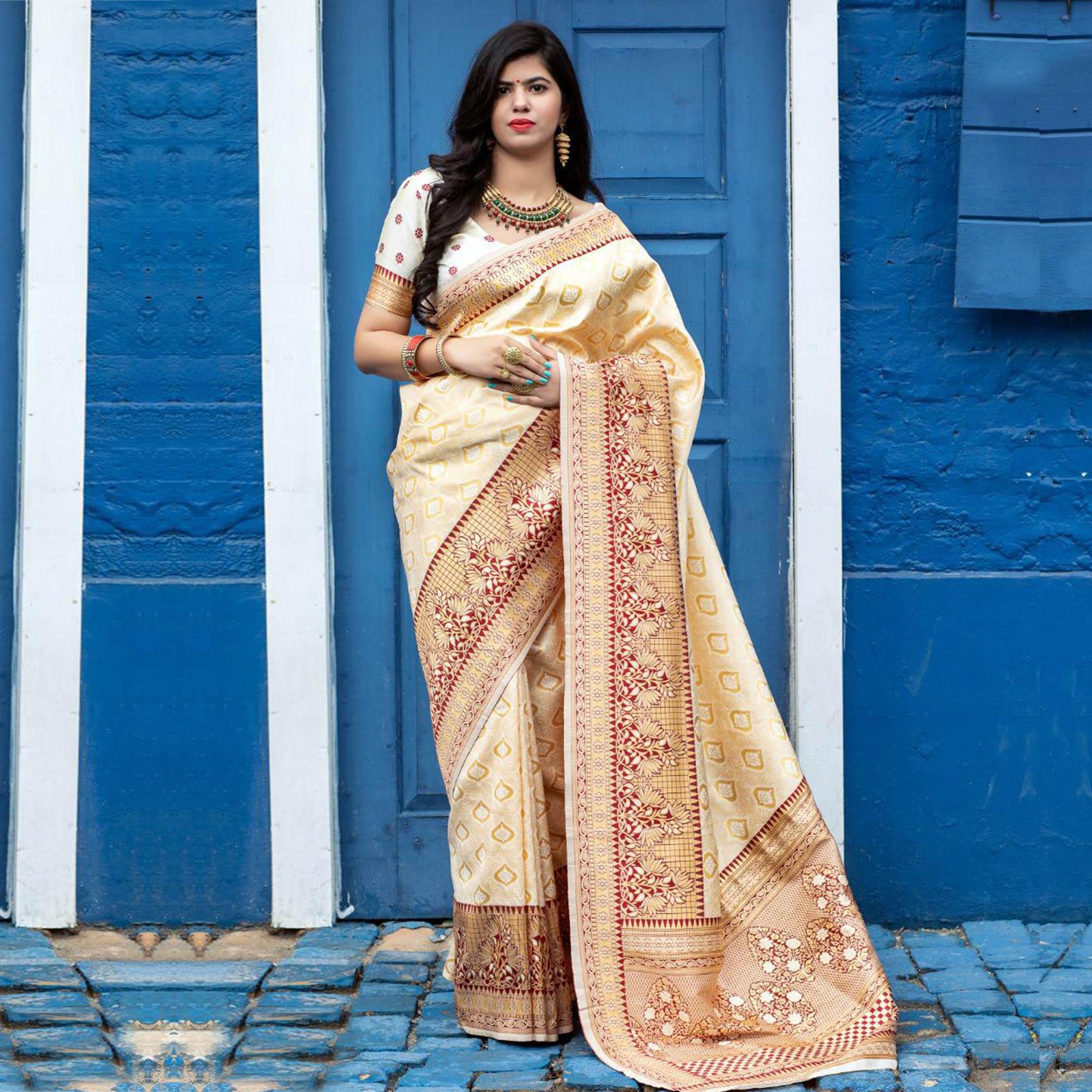 Arresting Off-White Colored Festive Wear Woven Banarasi Silk Saree - Peachmode