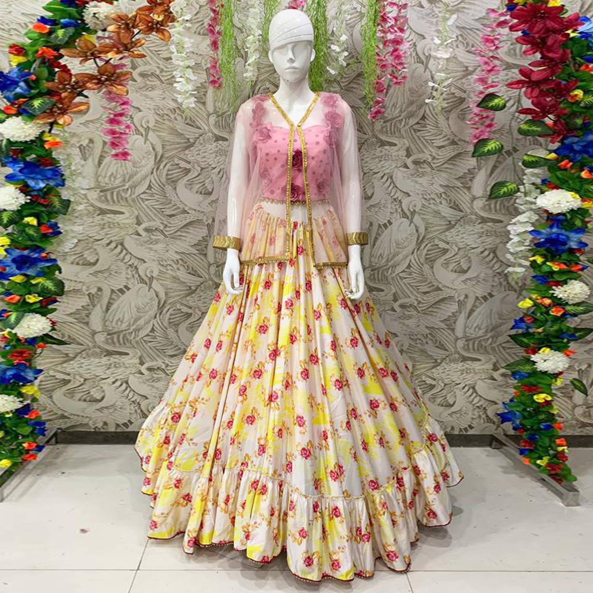 Arresting Off White Coloured Partywear Embroidered Dual Satin Lehenga Choli - Peachmode