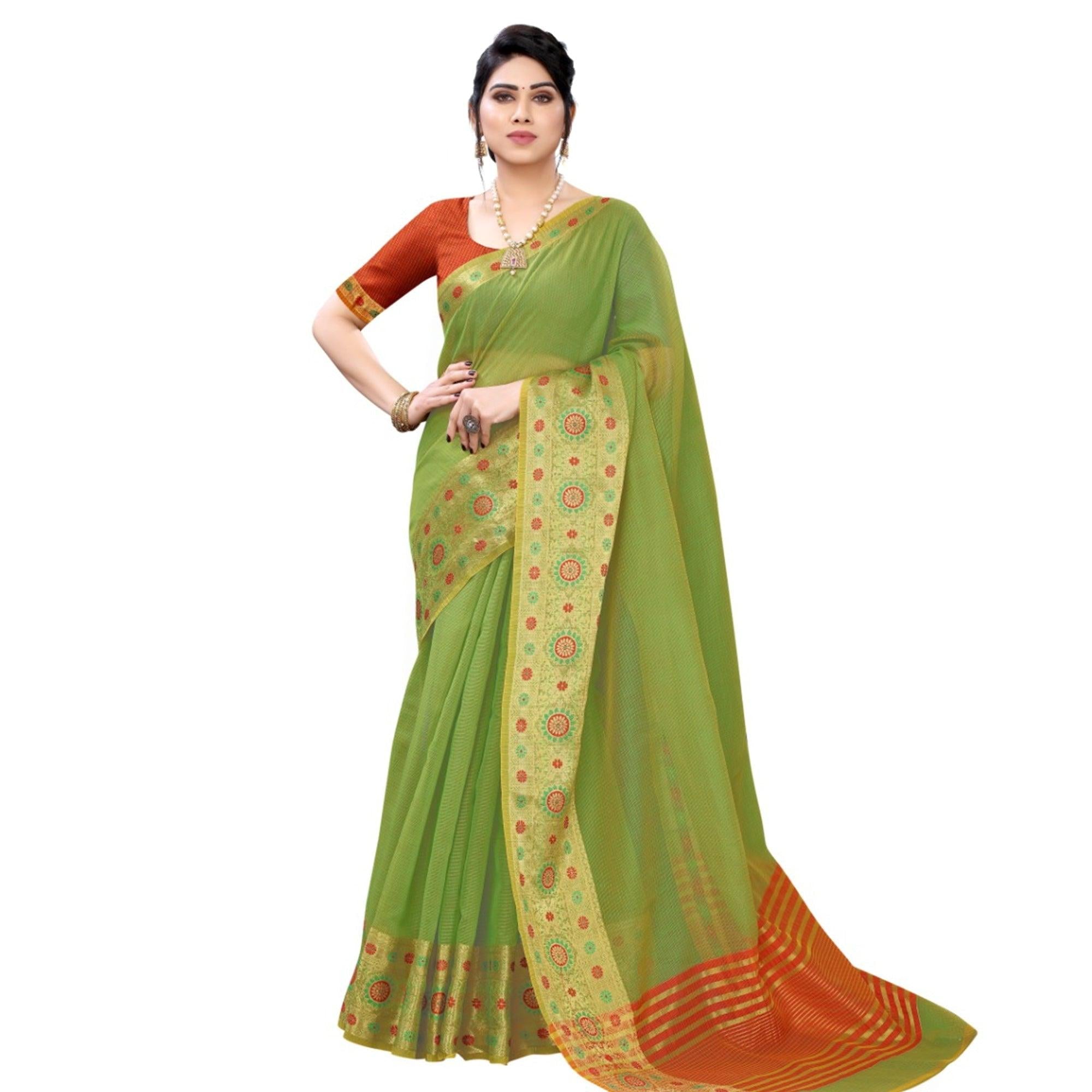 Arresting Olive Green Colored Festive Wear Woven Silk Saree - Peachmode