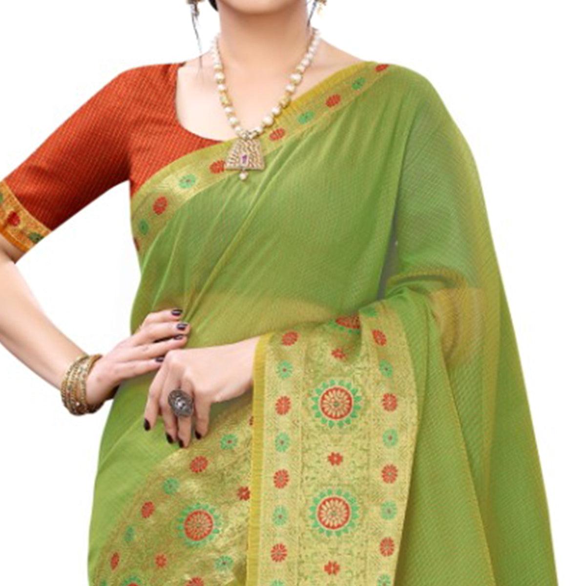 Arresting Olive Green Colored Festive Wear Woven Silk Saree - Peachmode
