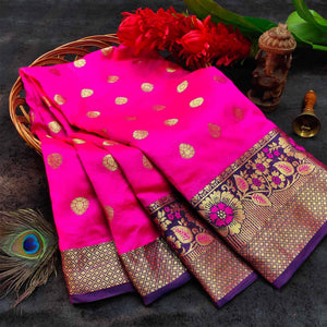 Arresting Pink Colored Festive Wear Woven Kanjivaram Silk Saree - Peachmode