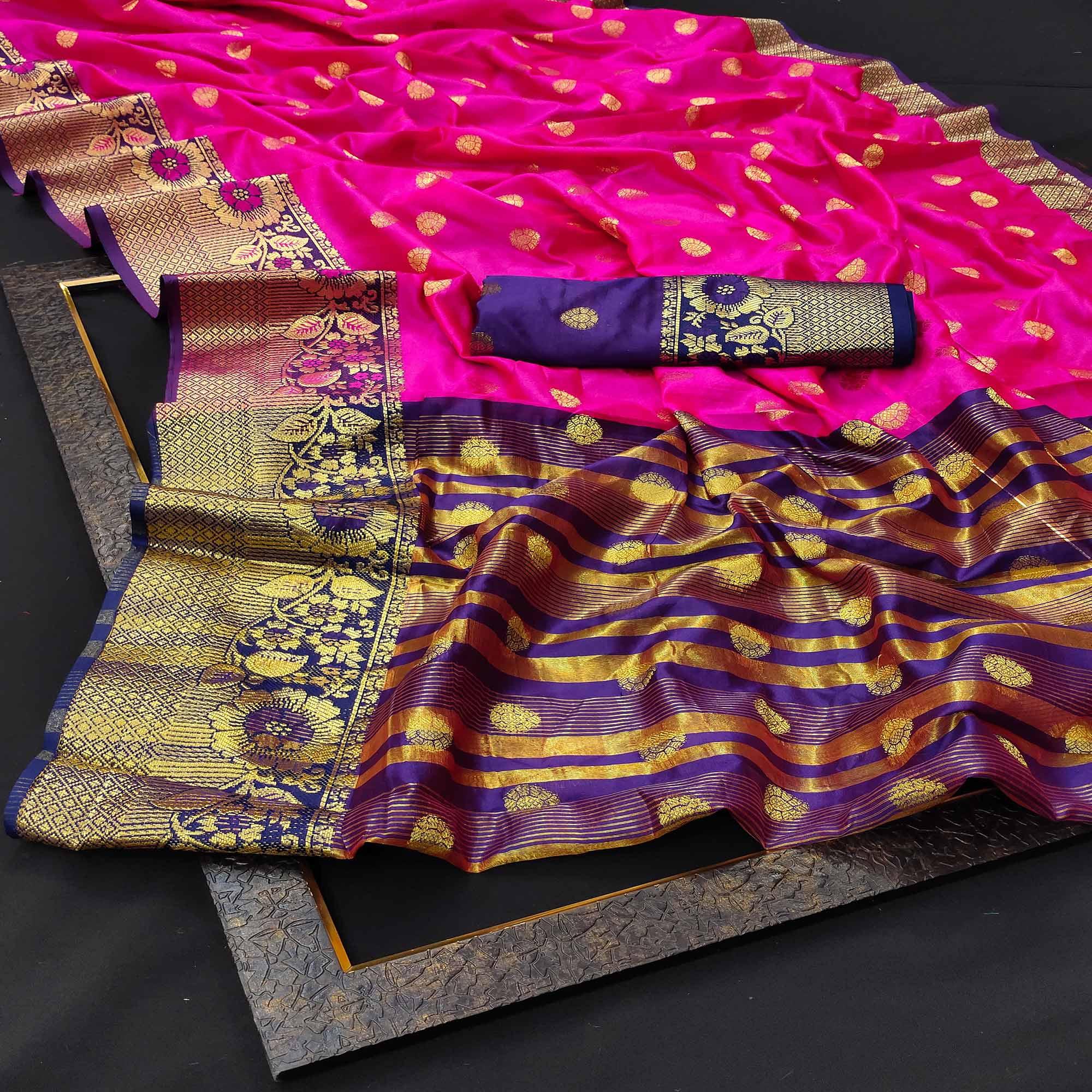 Arresting Pink Colored Festive Wear Woven Kanjivaram Silk Saree - Peachmode