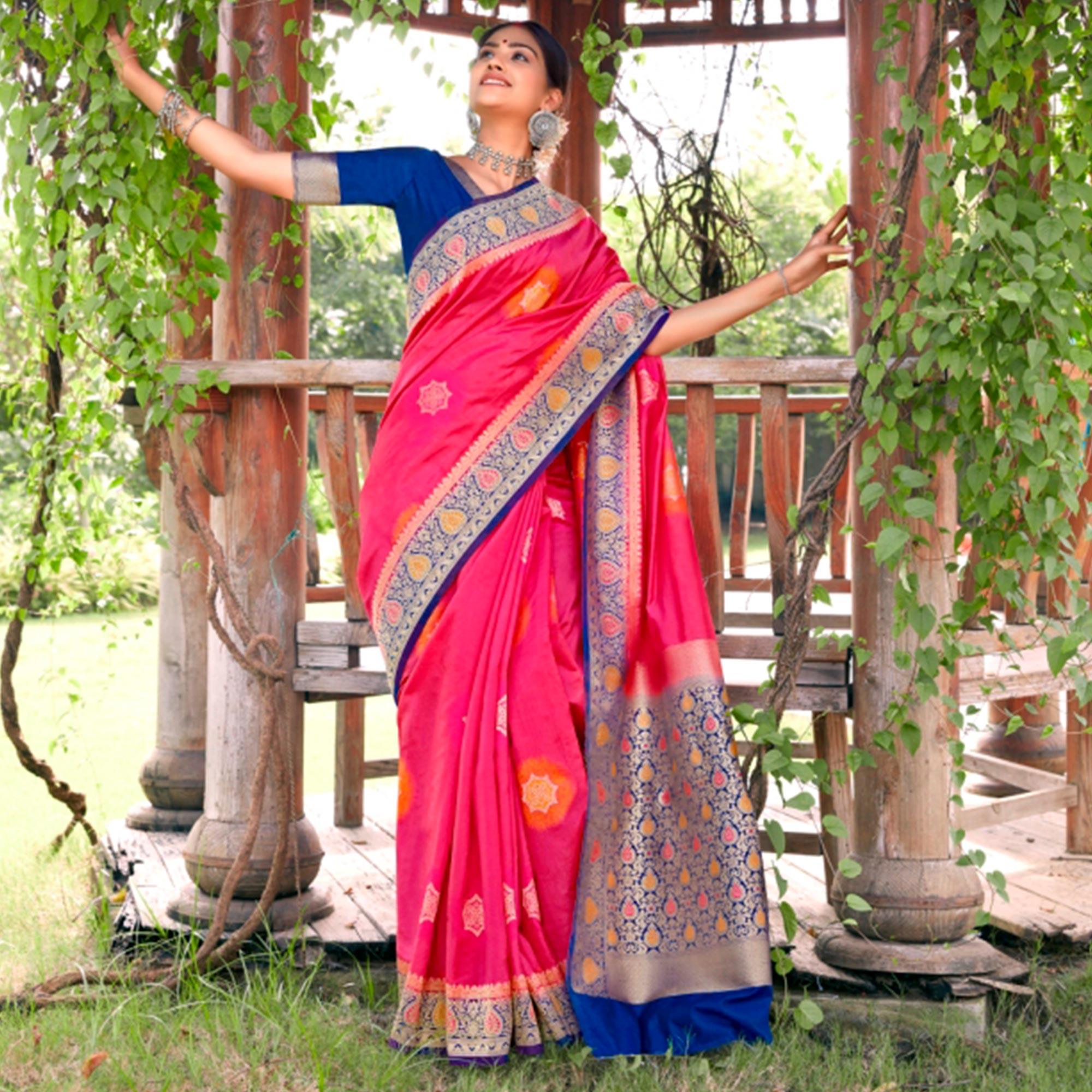Arresting Pink Colored Festive Wear Woven Silk Saree - Peachmode