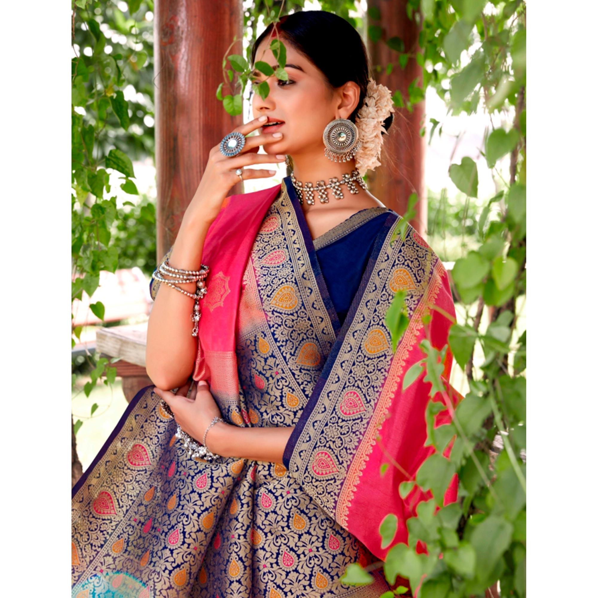 Arresting Pink Colored Festive Wear Woven Silk Saree - Peachmode