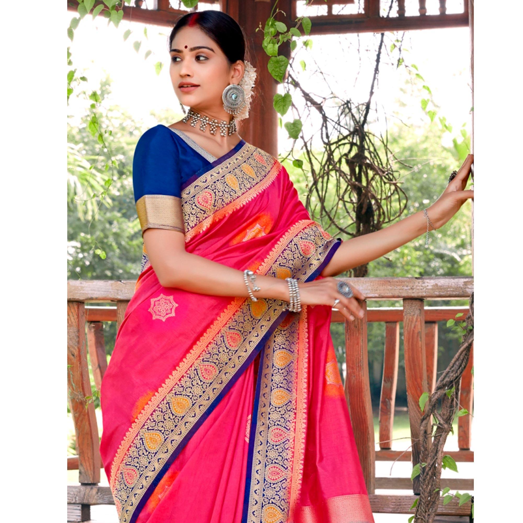 Arresting Pink Colored Festive Wear Woven Silk Saree - Peachmode