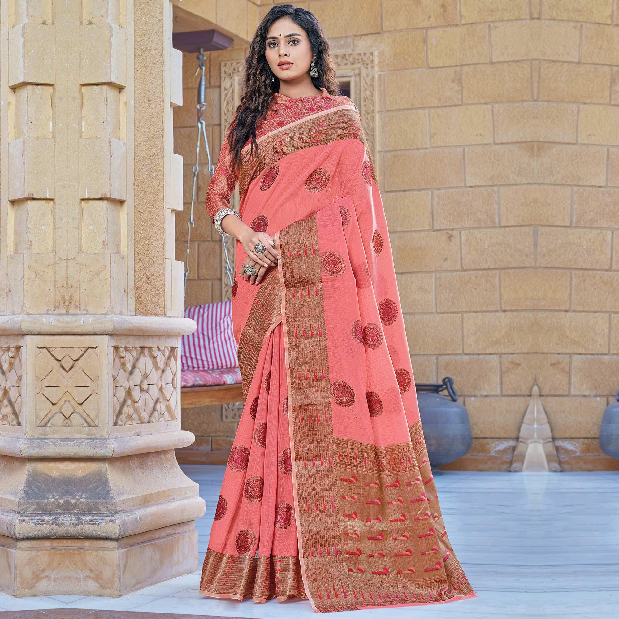 Arresting Pink Coloured Festive Wear Woven Cotton Handloom Saree - Peachmode