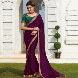 Arresting Purple Colored Party Wear Embroidered Chiffon Saree - Peachmode