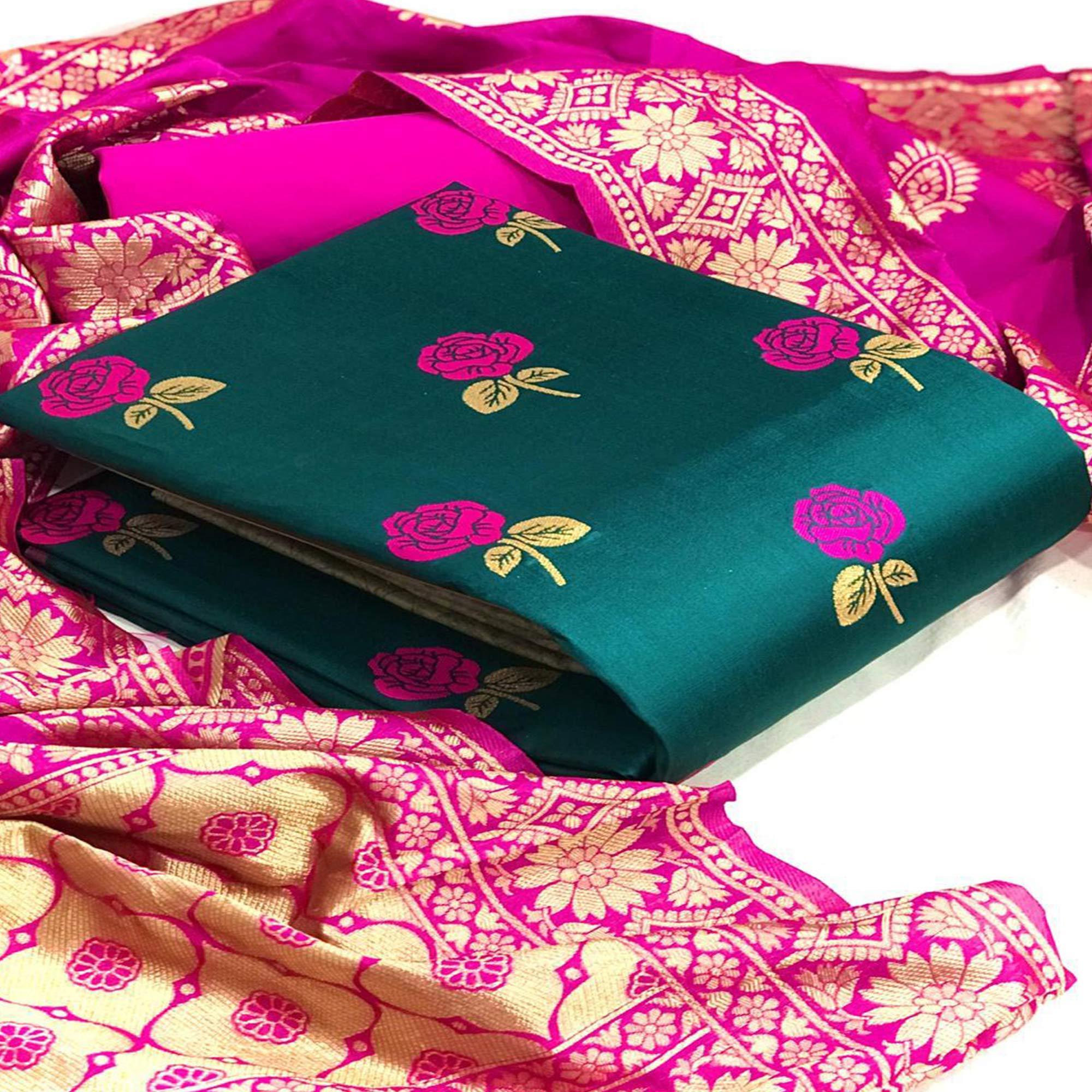 Arresting Rama Colored Casual Woven Banarasi Silk Dress Material - Peachmode