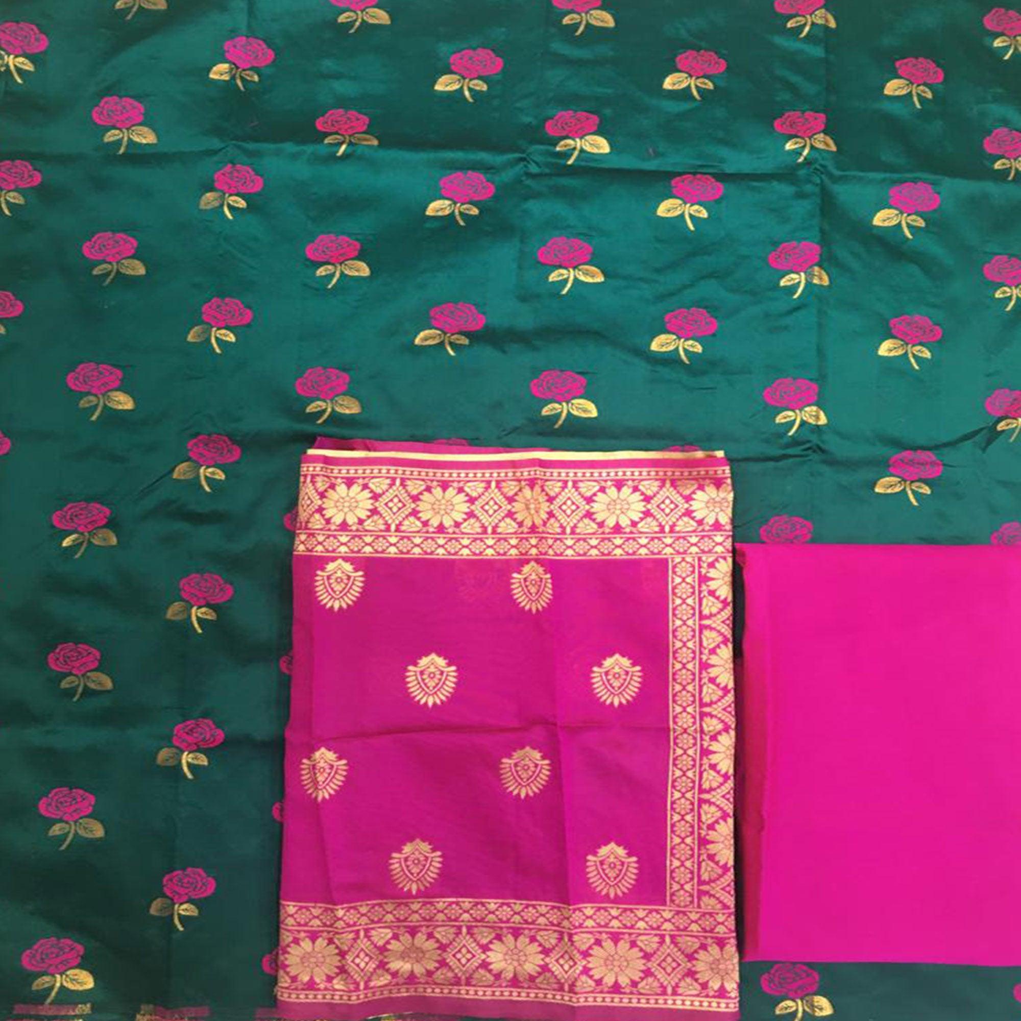 Arresting Rama Colored Casual Woven Banarasi Silk Dress Material - Peachmode