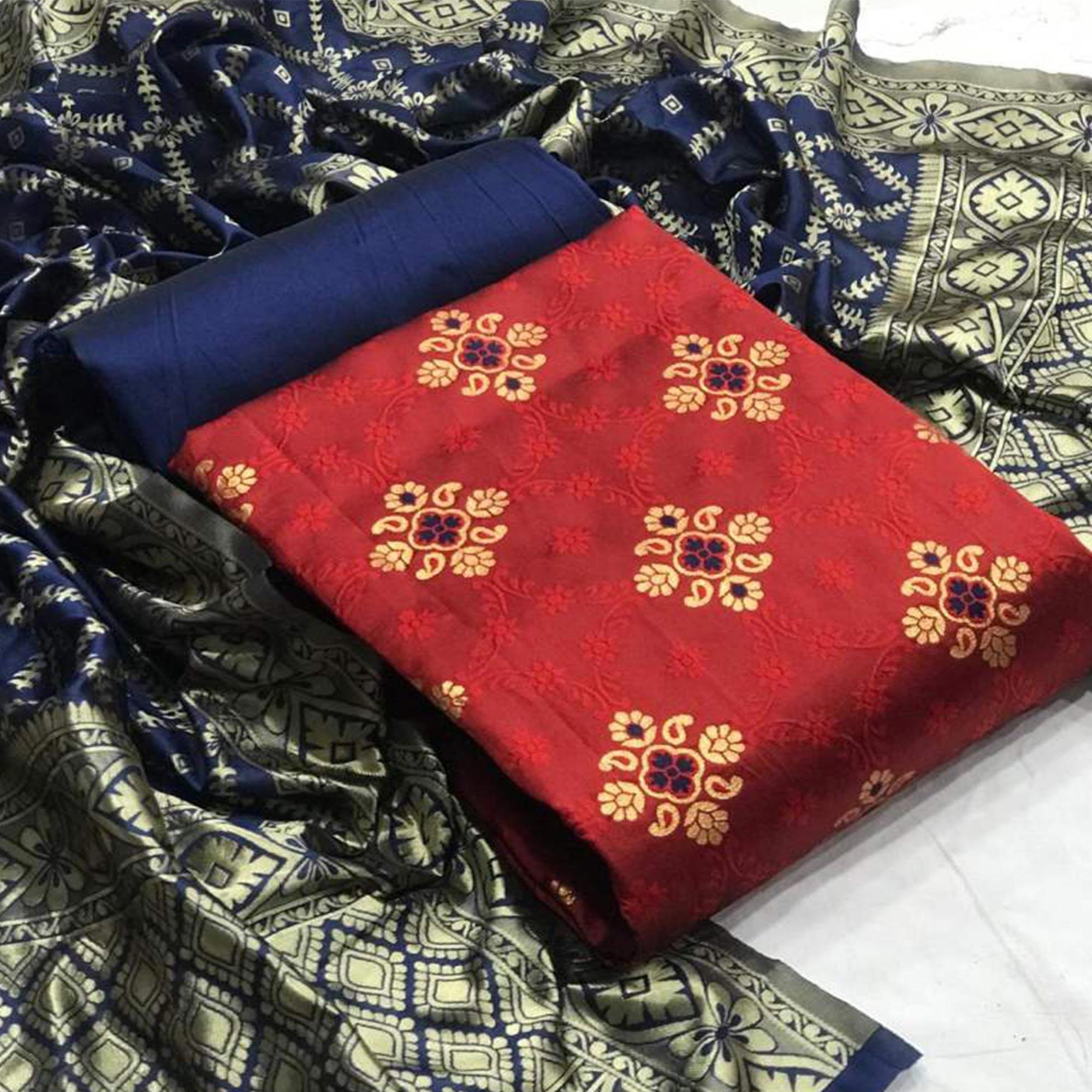 Arresting Red Colored Casual Wear Banarasi Silk Dress Material - Peachmode