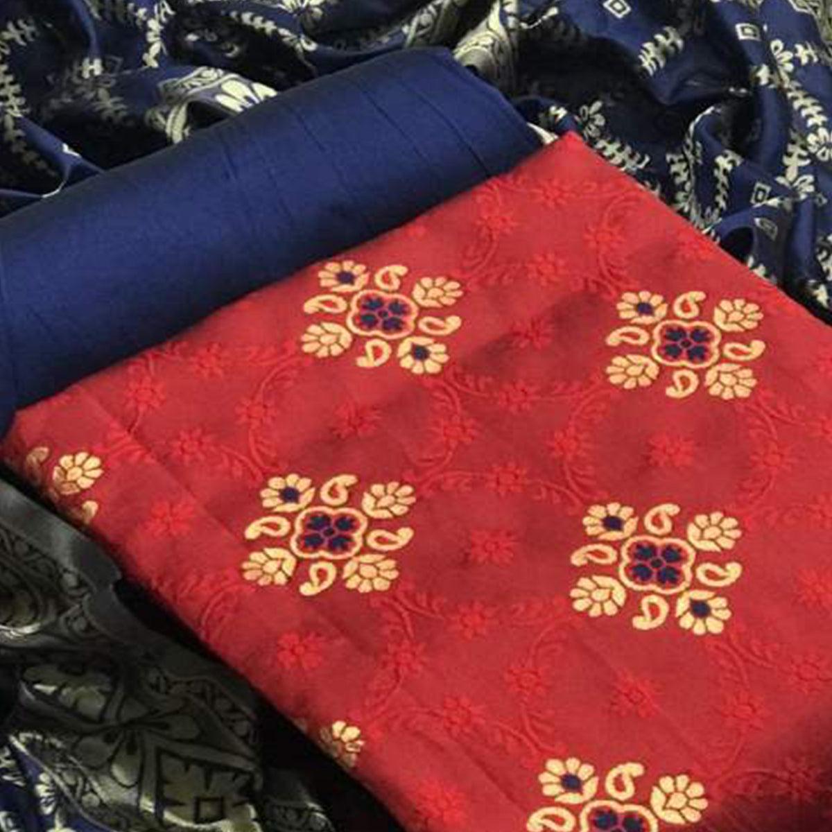 Arresting Red Colored Casual Wear Banarasi Silk Dress Material - Peachmode