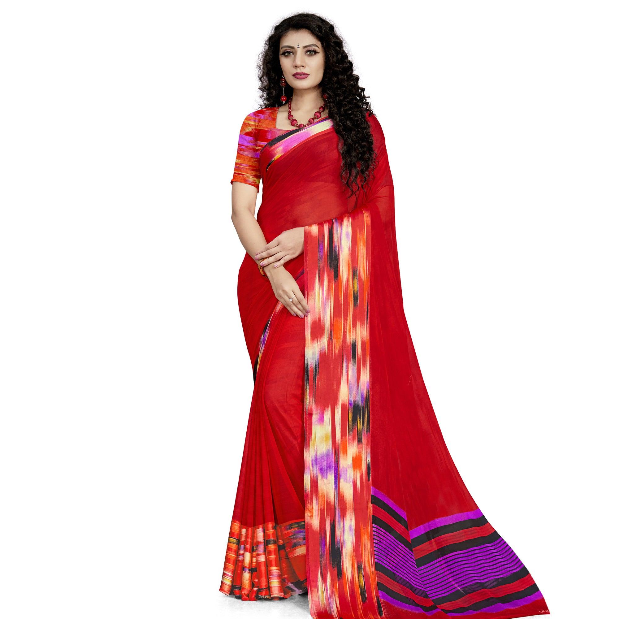 Arresting Red Colored Casual Wear Printed Georgette Saree - Peachmode