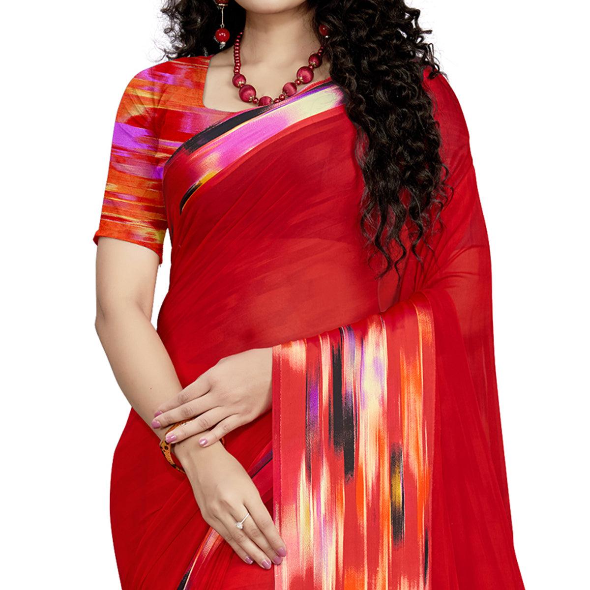 Arresting Red Colored Casual Wear Printed Georgette Saree - Peachmode