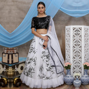 Arresting White-Black Colored Party Wear Embroidered Soft Organza Lehenga Choli - Peachmode