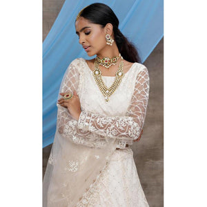 Arresting White Colored Party Wear Embroidered Net Lehenga Choli - Peachmode