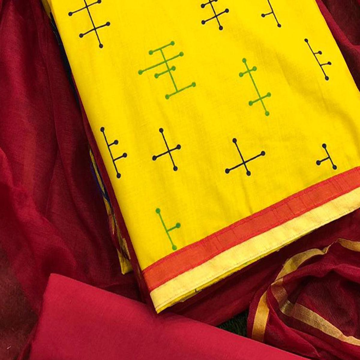 Arresting Yellow Colored Casual Wear Printed Cotton Dress Material - Peachmode