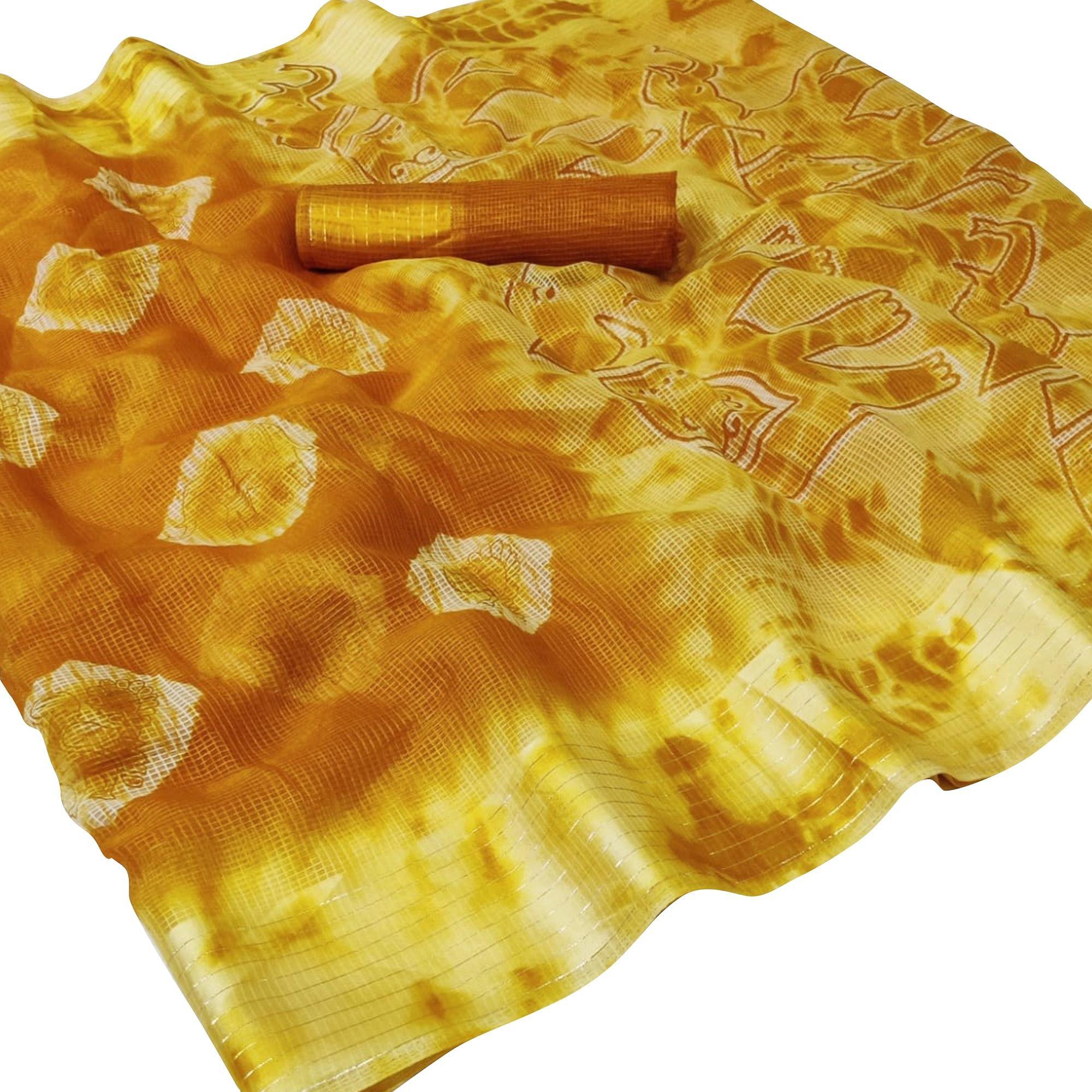 Arresting Yellow Colored Casual Wear Printed Silk Saree - Peachmode