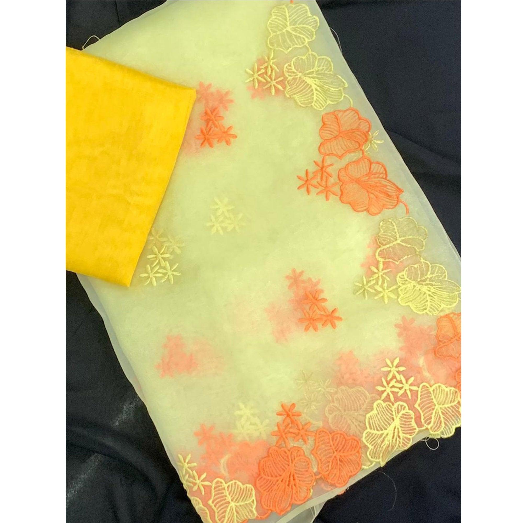 Arresting Yellow Colored Partywear Embroidered Pure Organza Saree - Peachmode