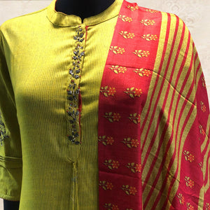 Arresting Yellow Colored Partywear Handwork Cotton Kurti-Palazzo Set With Dupatta - Peachmode