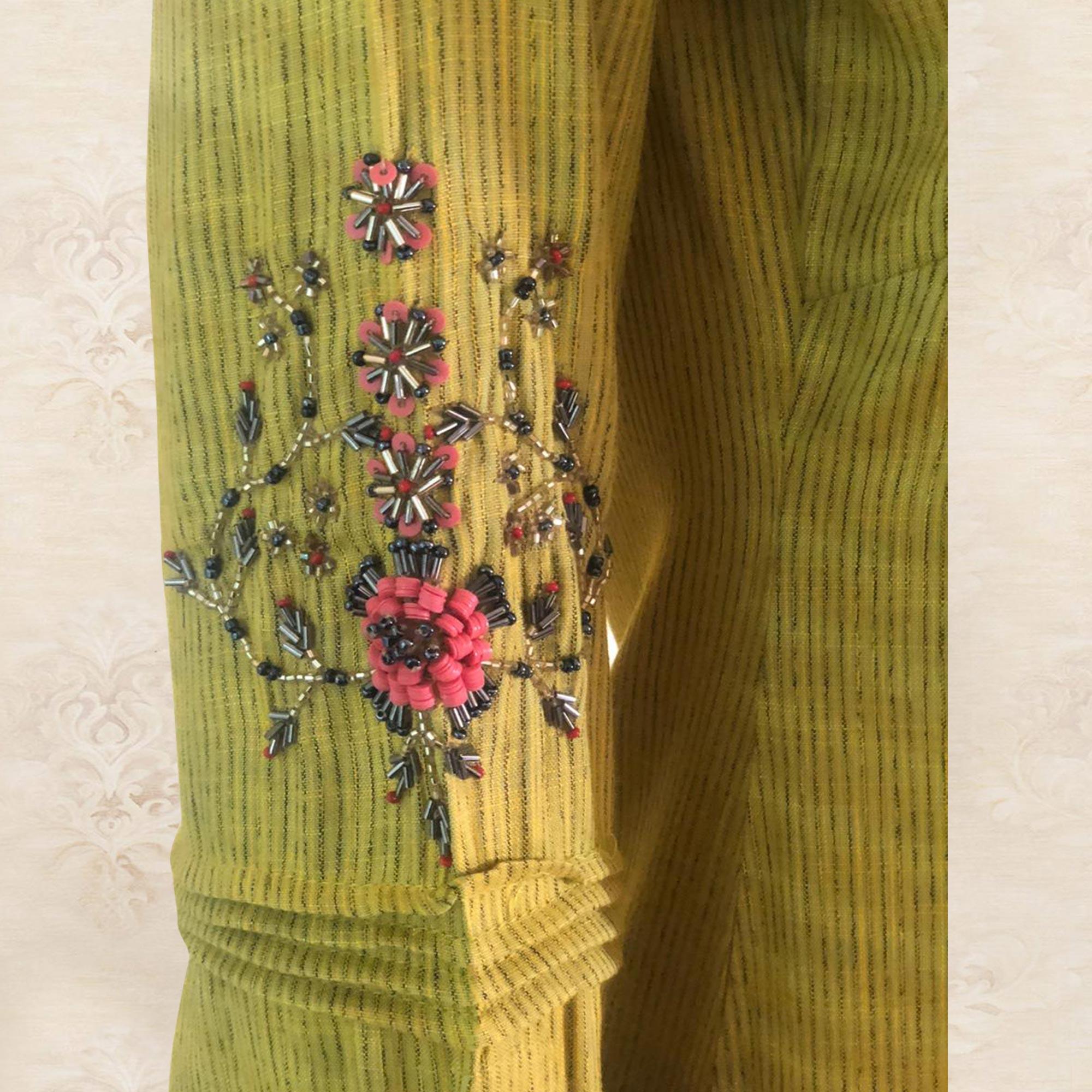 Arresting Yellow Colored Partywear Handwork Cotton Kurti-Palazzo Set With Dupatta - Peachmode