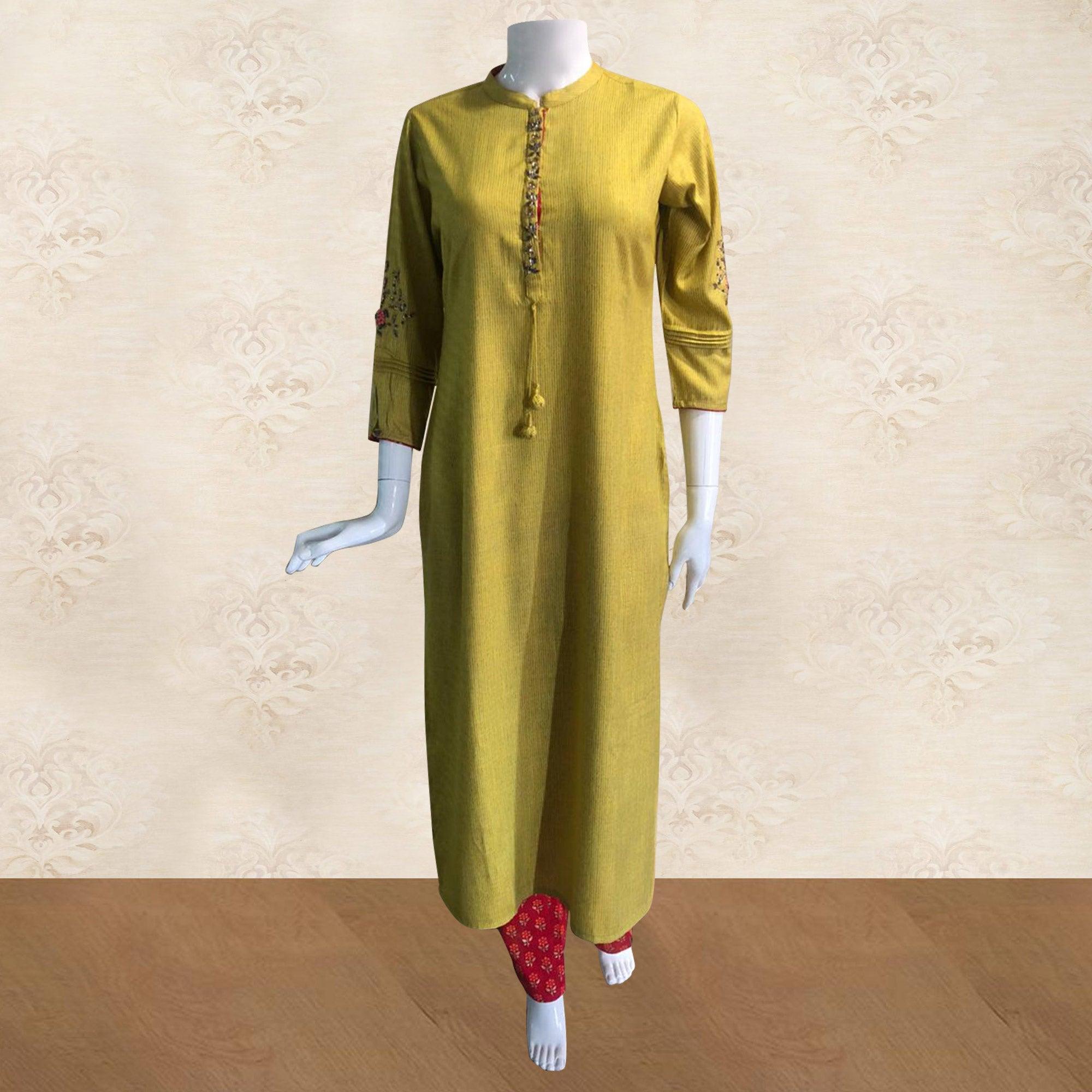 Arresting Yellow Colored Partywear Handwork Cotton Kurti-Palazzo Set With Dupatta - Peachmode
