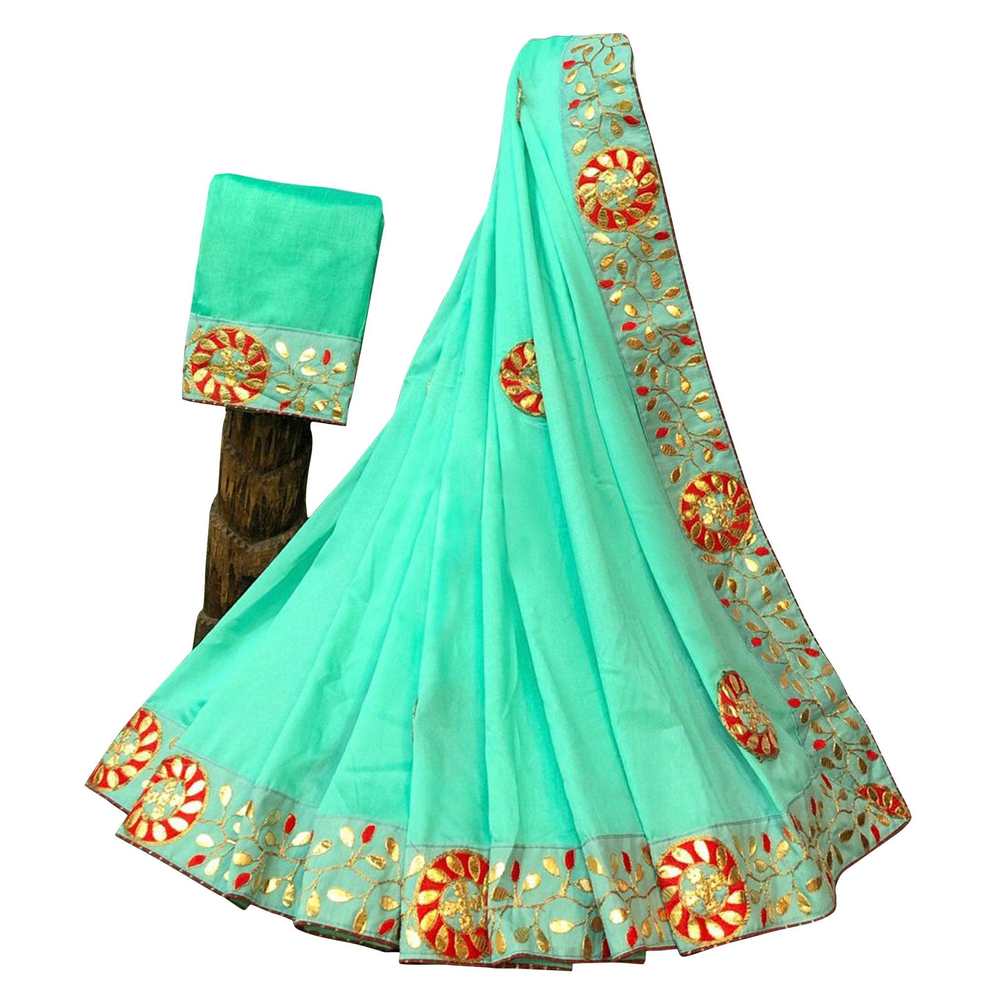 Attractive Aqua Green Colored Partywear Embroidered Art Silk Saree - Peachmode
