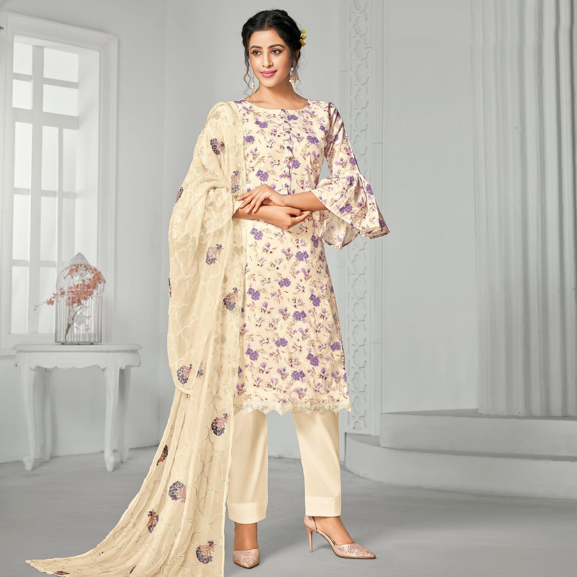 Attractive Beige Colored Casual Wear Digital Printed Cotton Dress Material - Peachmode