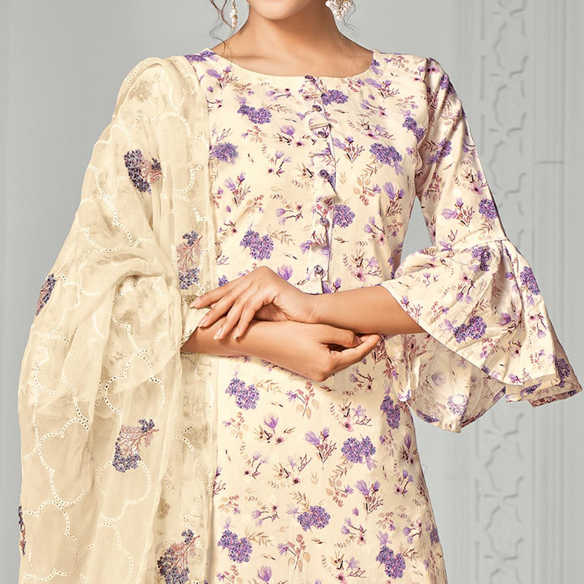 Attractive Beige Colored Casual Wear Digital Printed Cotton Dress Material - Peachmode