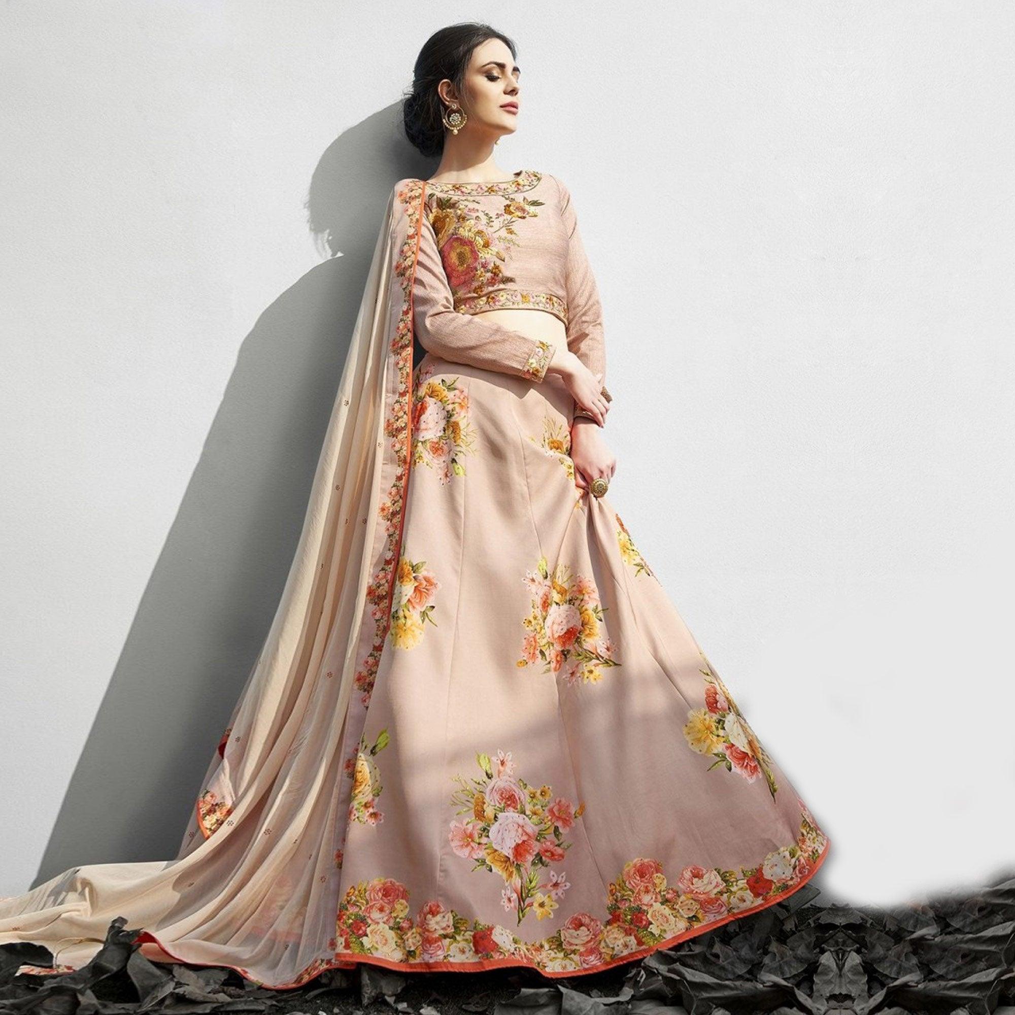 Attractive Beige Colored Designer Partywear Embroidered Silk Lehenga Choli - Peachmode