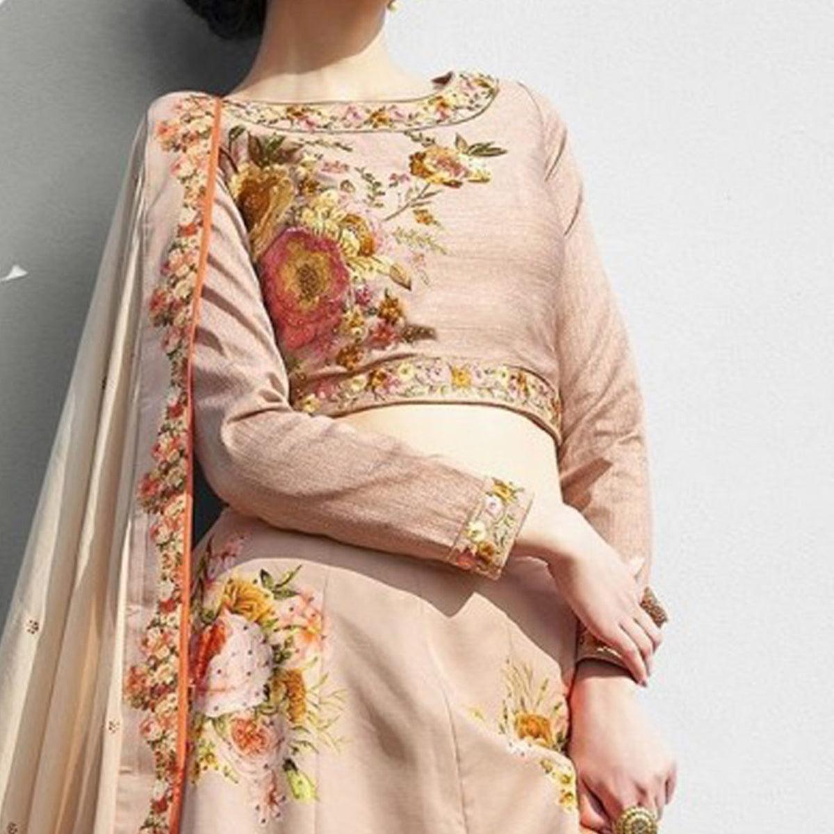Attractive Beige Colored Designer Partywear Embroidered Silk Lehenga Choli - Peachmode