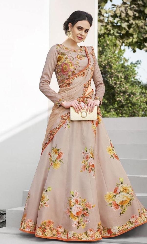 Attractive Beige Colored Designer Partywear Embroidered Silk Lehenga Choli - Peachmode