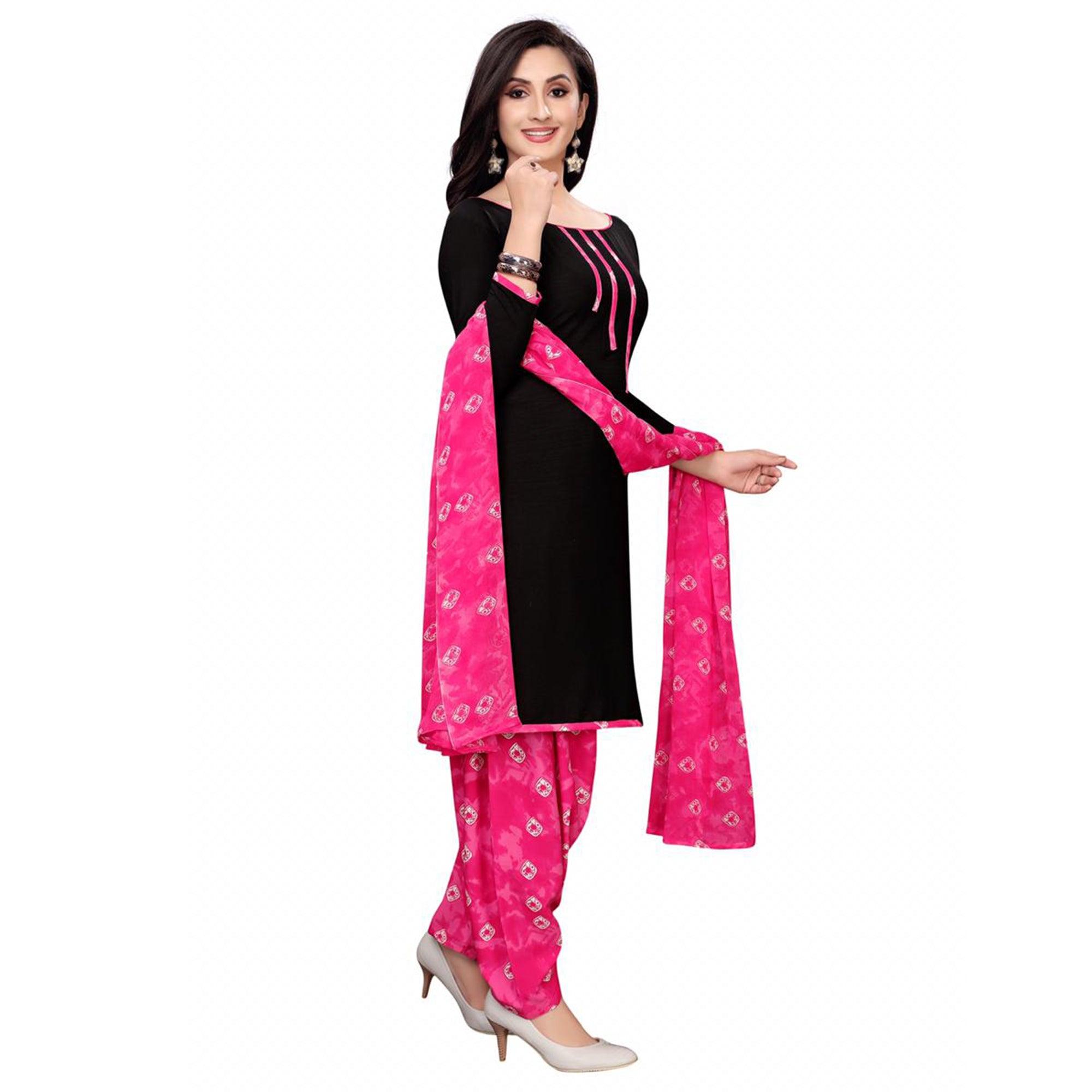 Attractive Black & Pink Colored Casual Wear Printed Crepe Salwar Suit - Peachmode