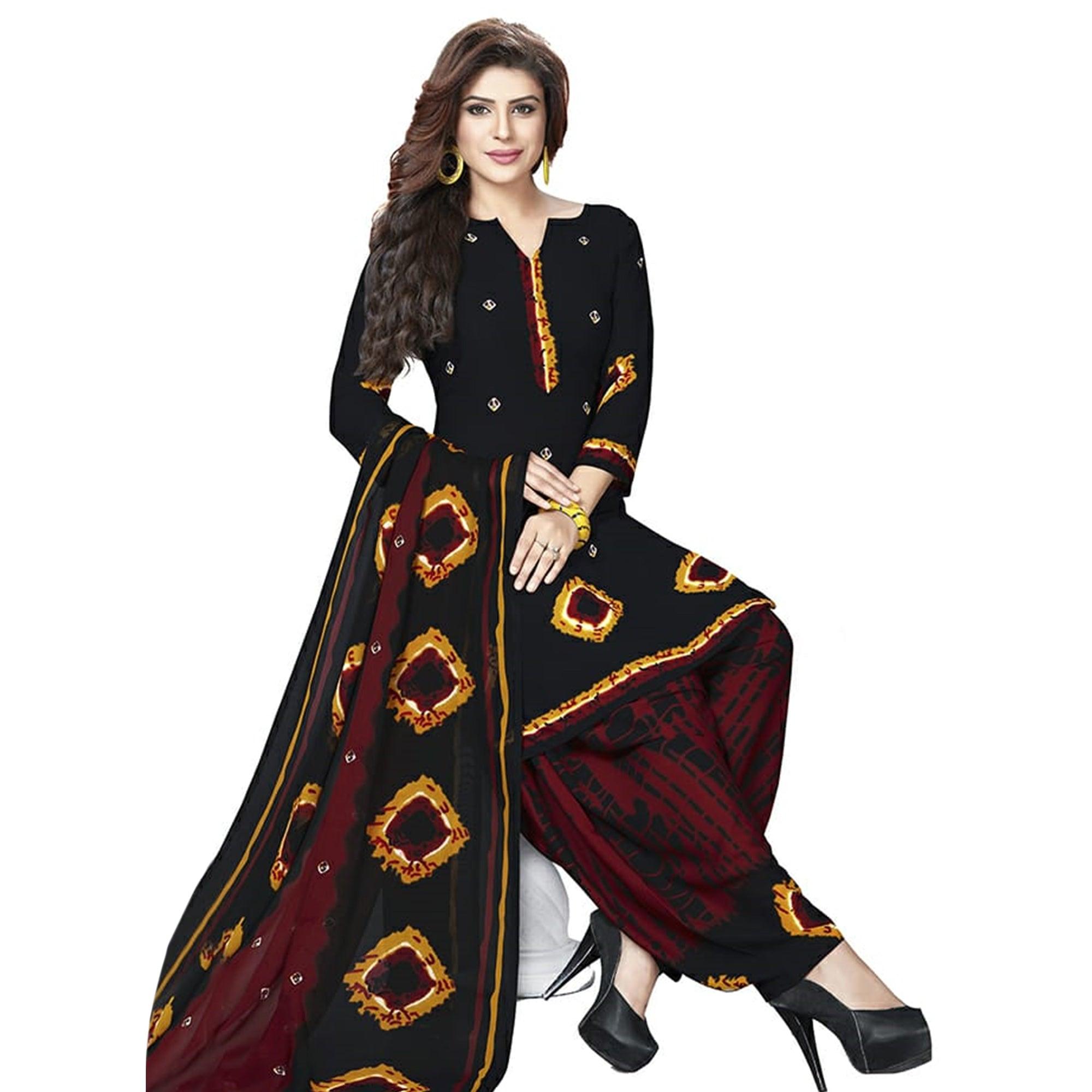 Attractive Black Colored Casual Printed Crepe Patiala Dress Material - Peachmode