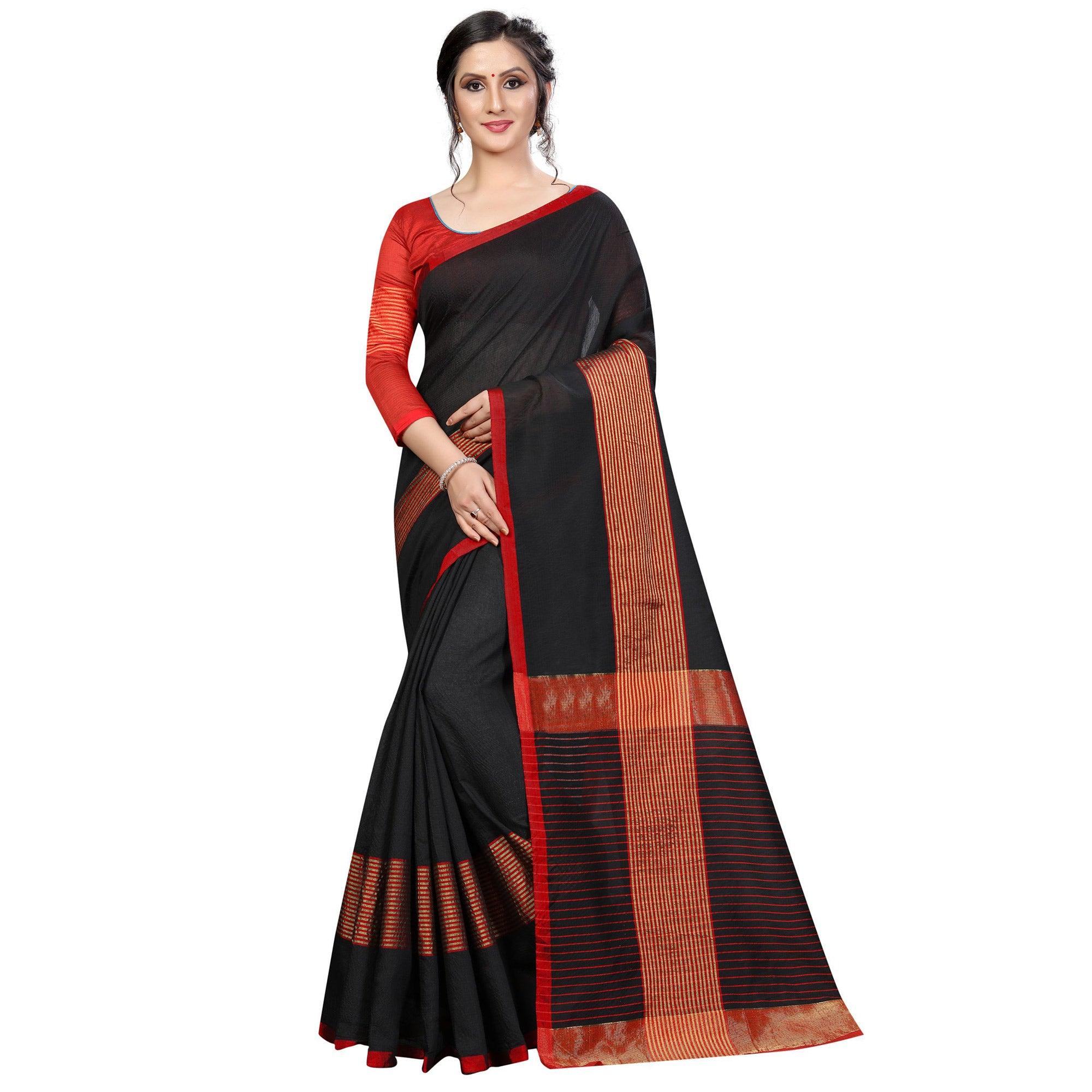 Attractive Black Colored Festive Wear Cotton Saree - Peachmode