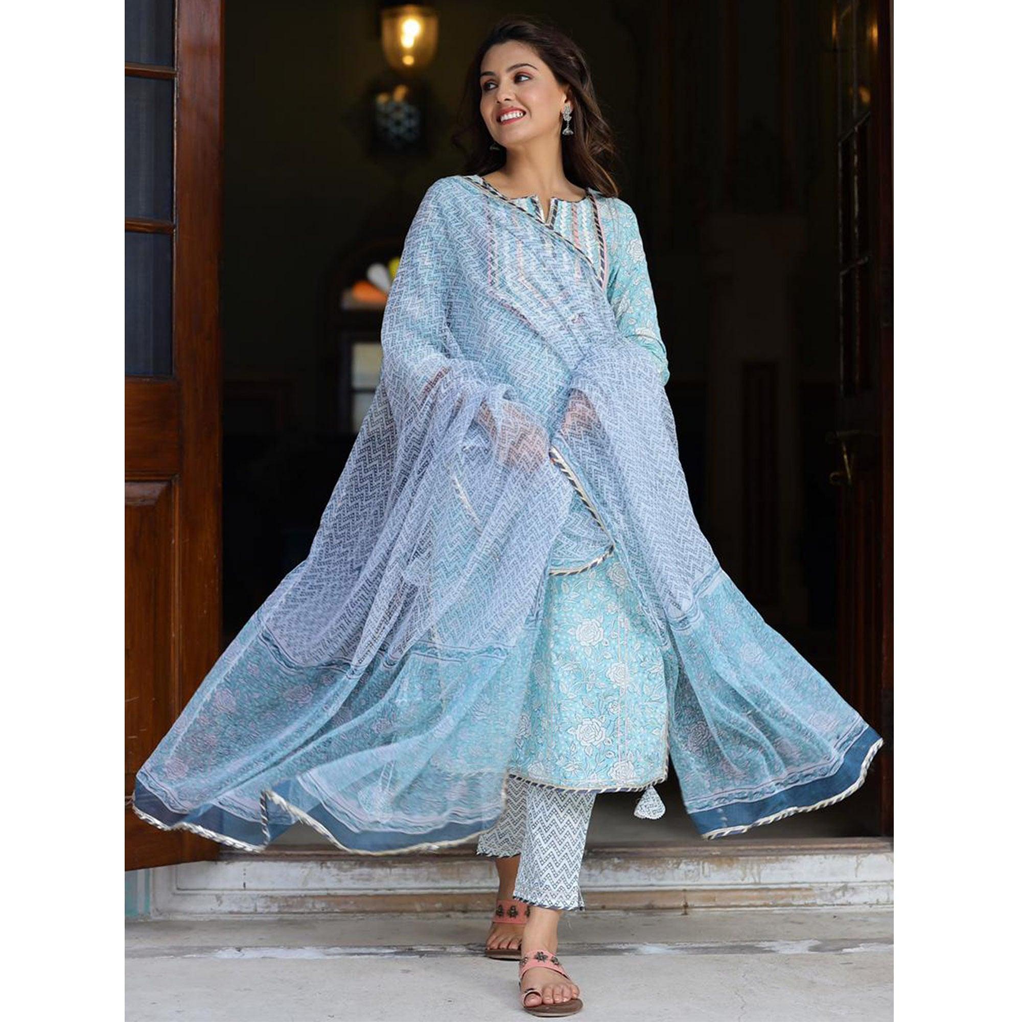 Attractive Blue Colored Casual Wear Printed Cotton Kurti - Palazzo Set With Dupatta - Peachmode